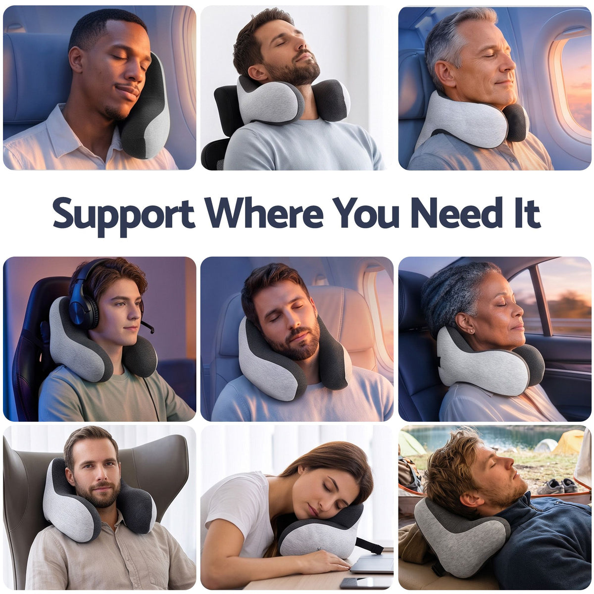 Wanderlite memory foam travel neck pillow with eye mask and earplugs in grey