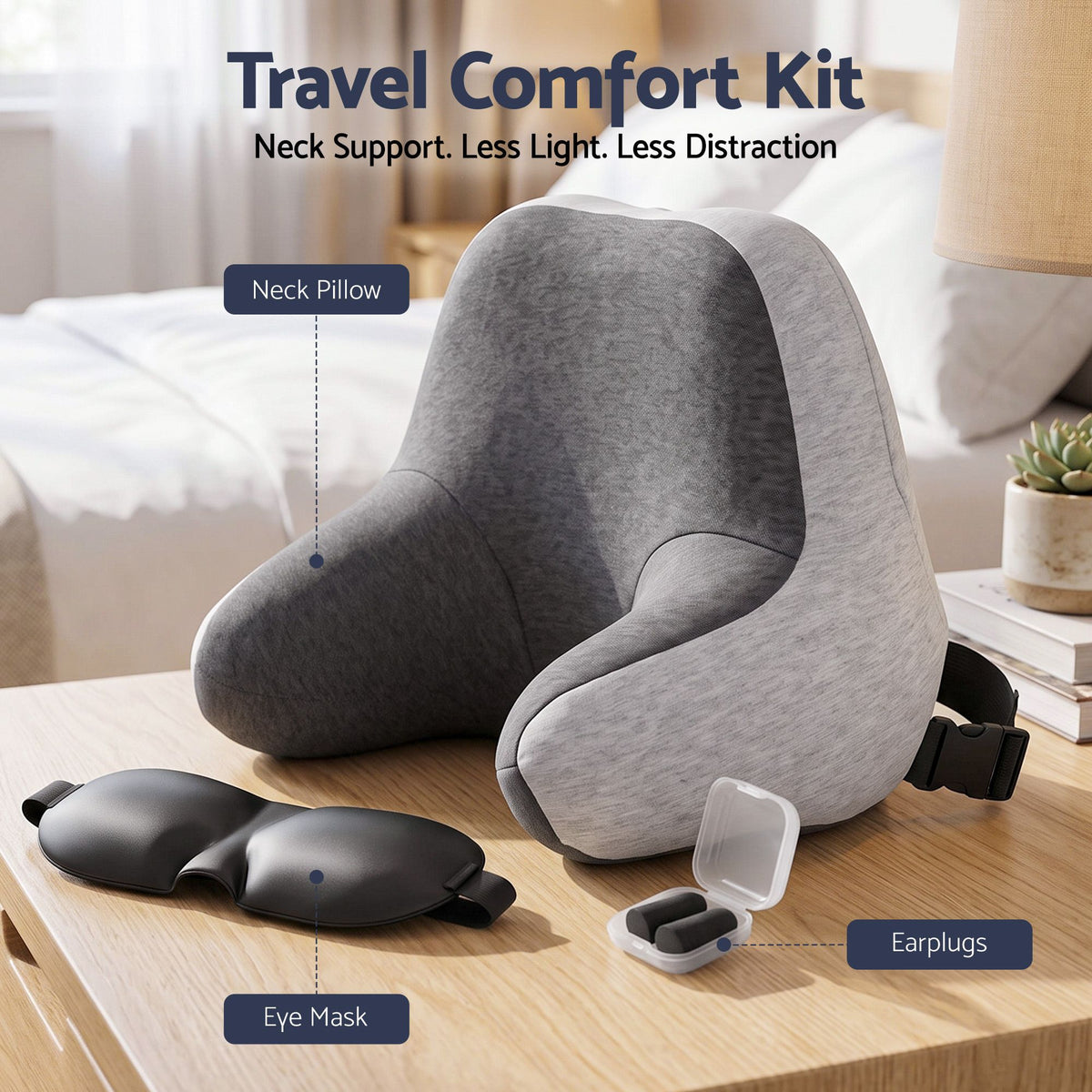 Wanderlite memory foam travel neck pillow with eye mask and earplugs in grey