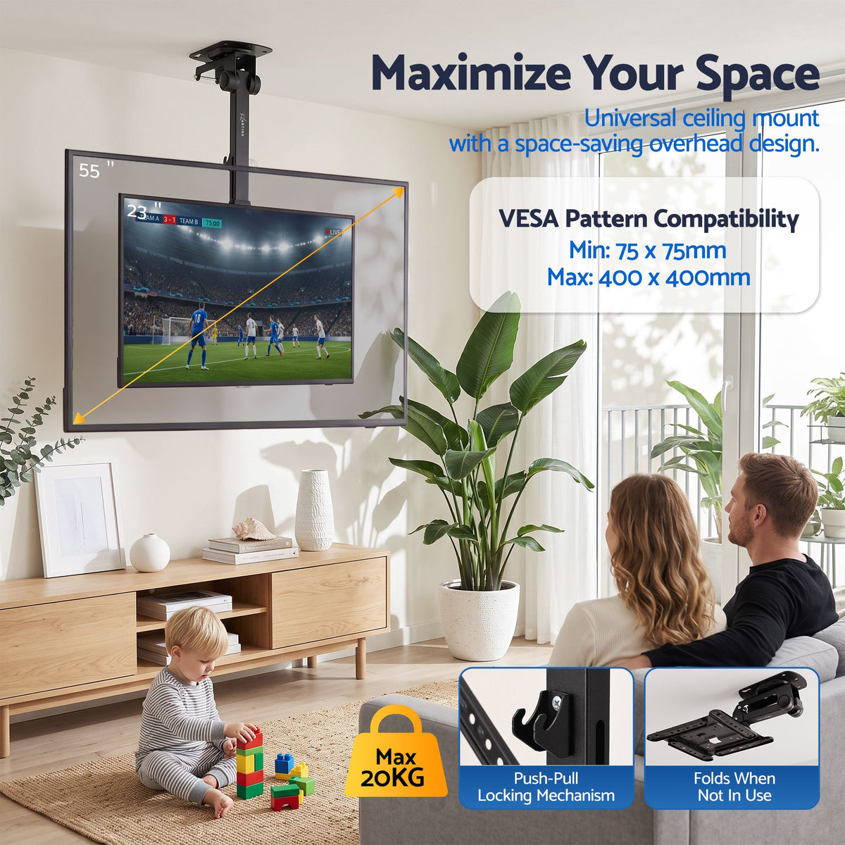 Artiss Ceiling TV Mount 23-55 Inch Flip Down Folding VESA 400x400 Height Adjustable Swivel