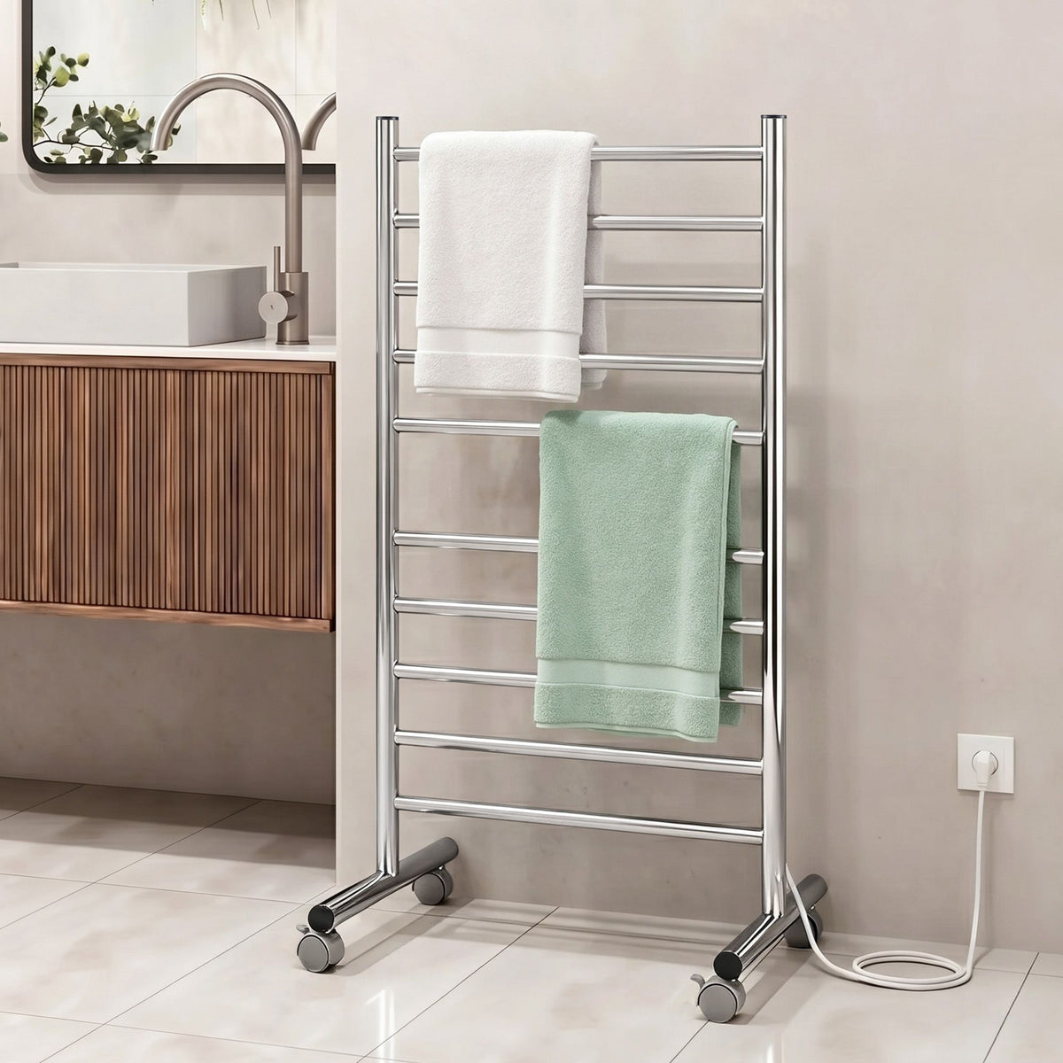 Devanti 10 bar freestanding heated towel rail, stainless steel