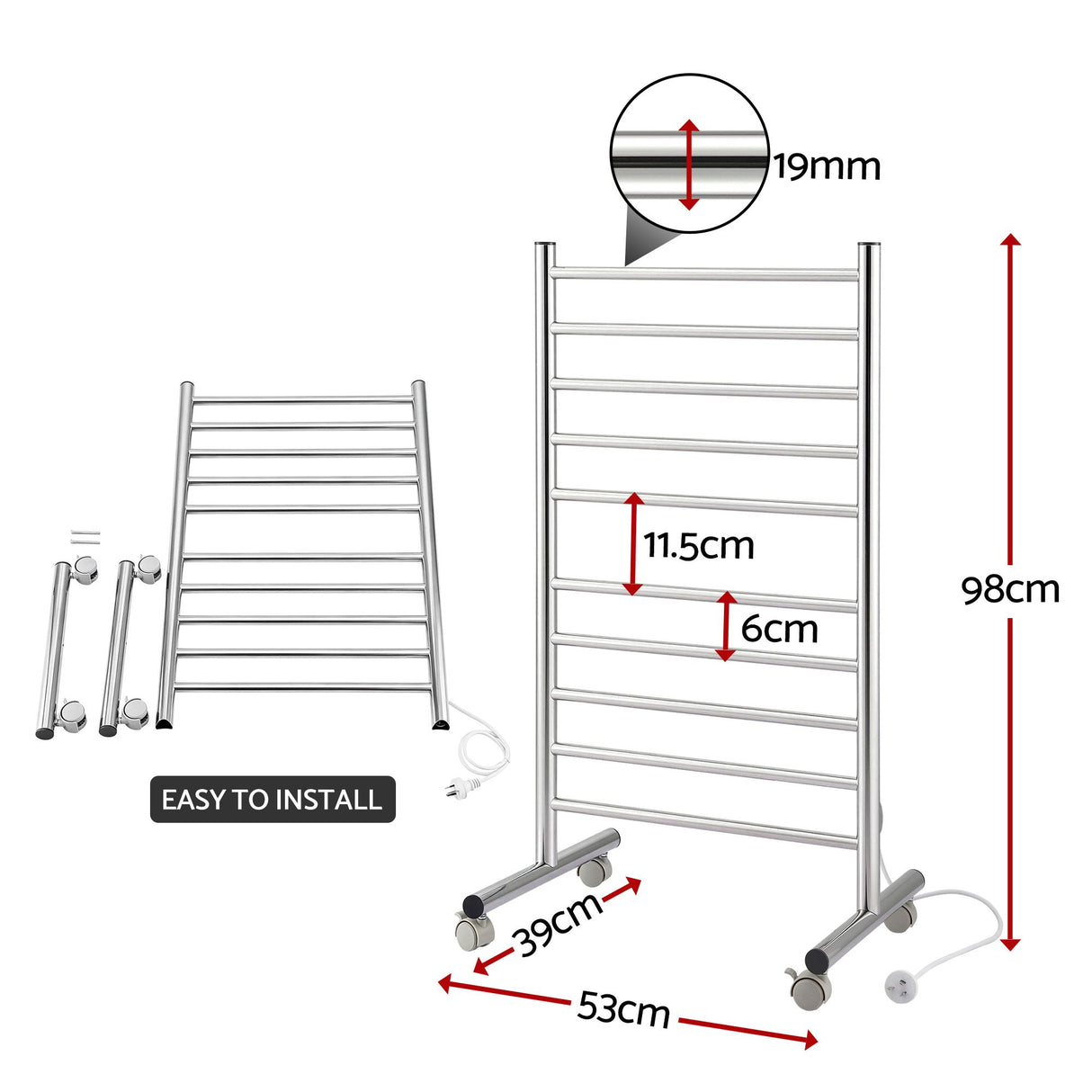 Devanti 10-Bar Freestanding Heated Towel Rail 3-5 Mins Fast Heating Electric Towel Warmer for Bathroom Winter Drying Stainless Steel Plug In 100W