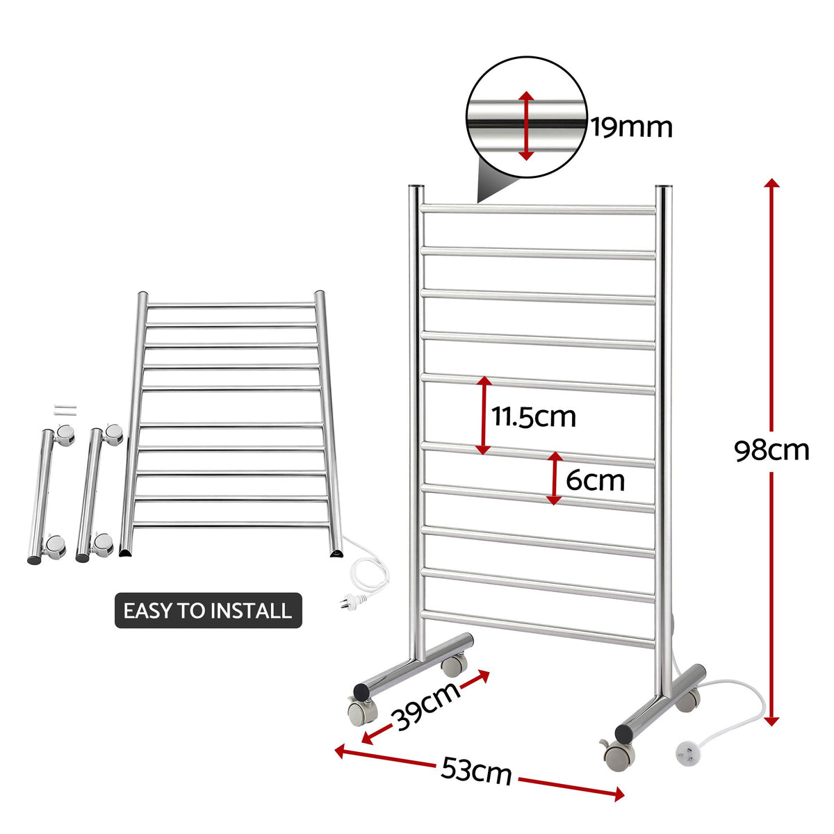 Devanti 10 bar freestanding heated towel rail, stainless steel