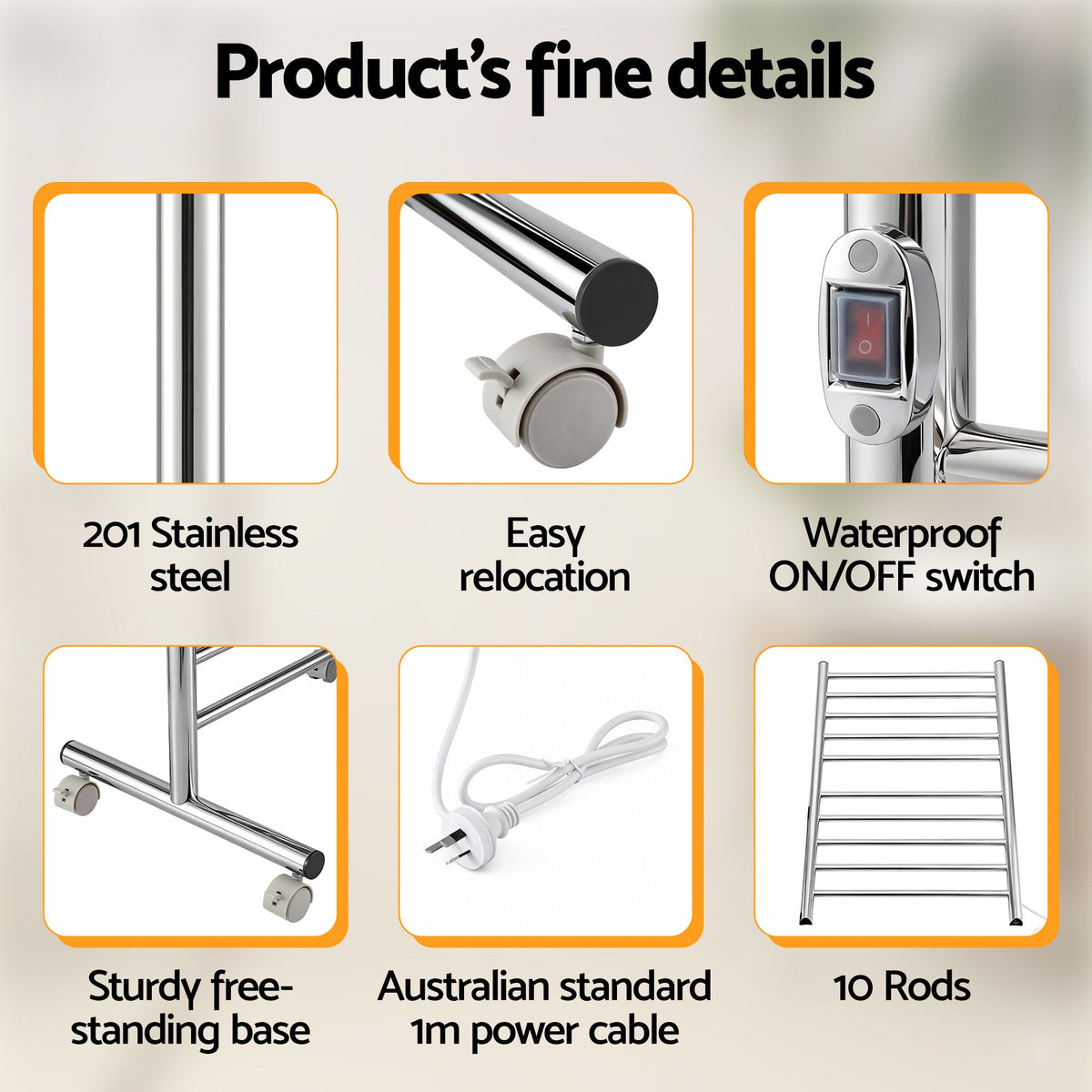 Devanti 10 bar freestanding heated towel rail, stainless steel