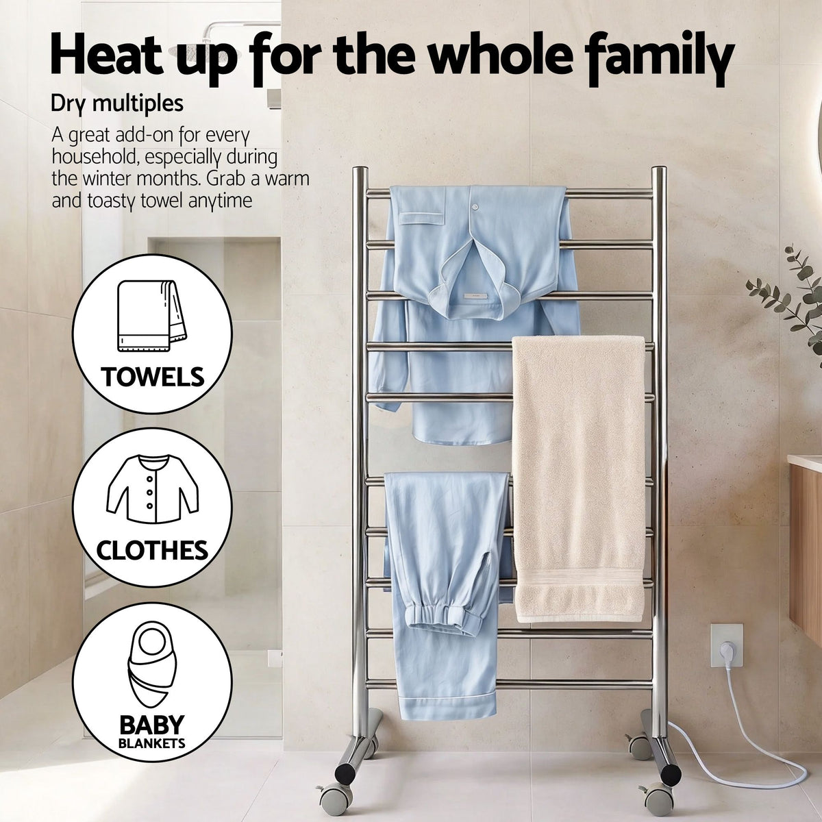 Devanti 10 bar freestanding heated towel rail, stainless steel