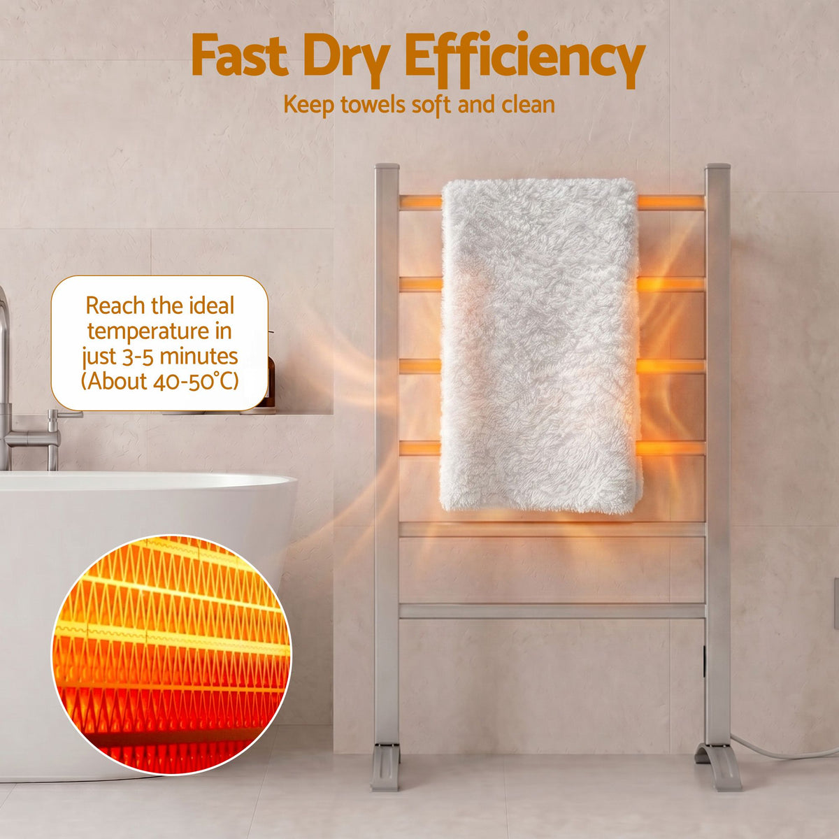 Devanti 6 bar heated towel rail with timer, aluminium