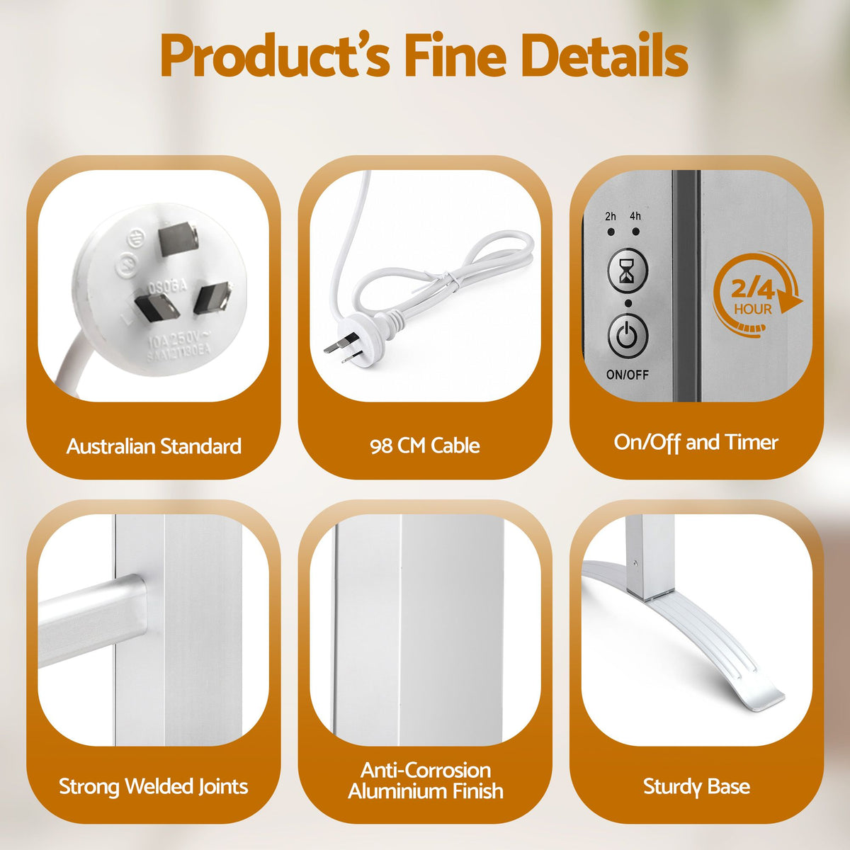 Devanti 6 bar heated towel rail with timer, aluminium
