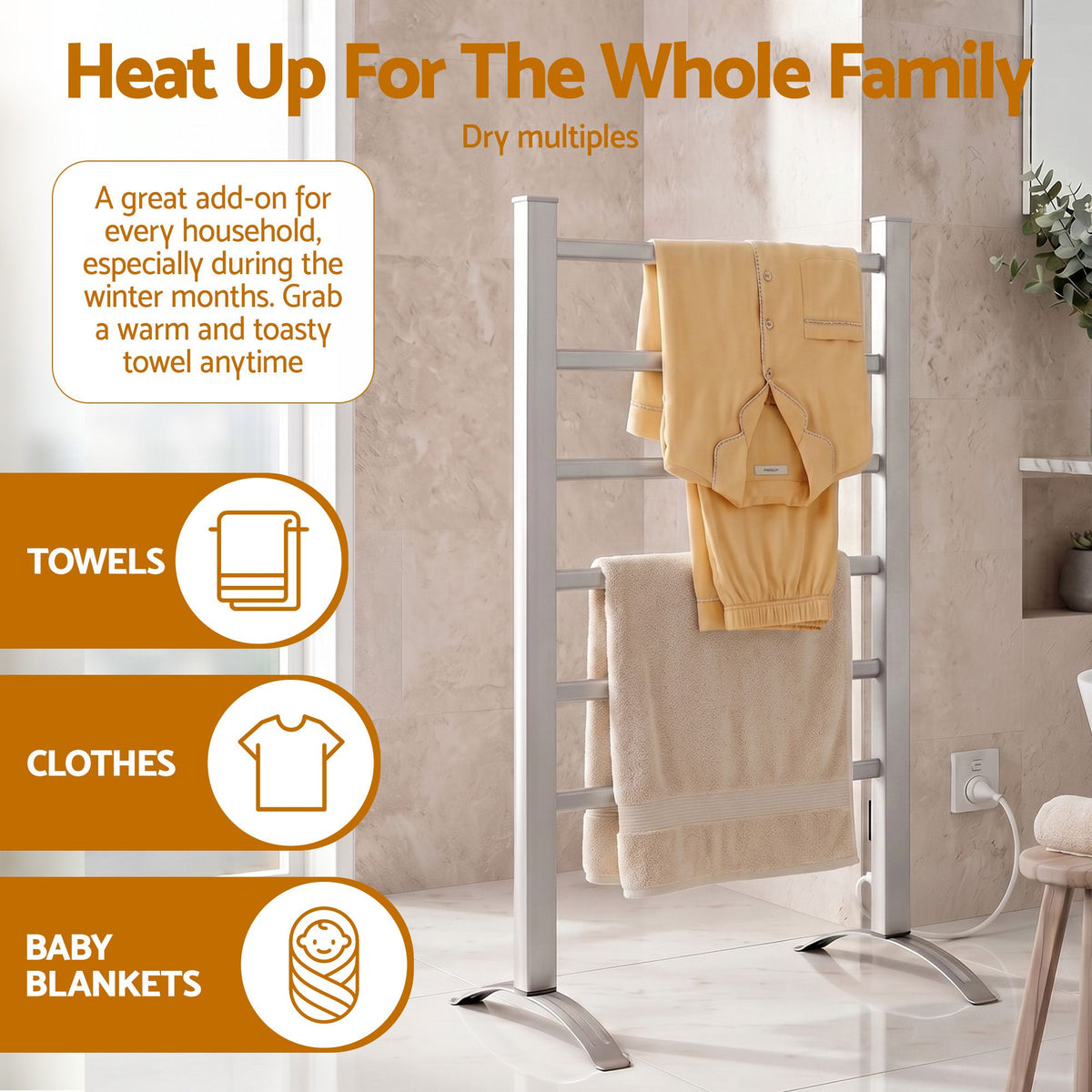 Devanti 6 bar heated towel rail with timer, aluminium
