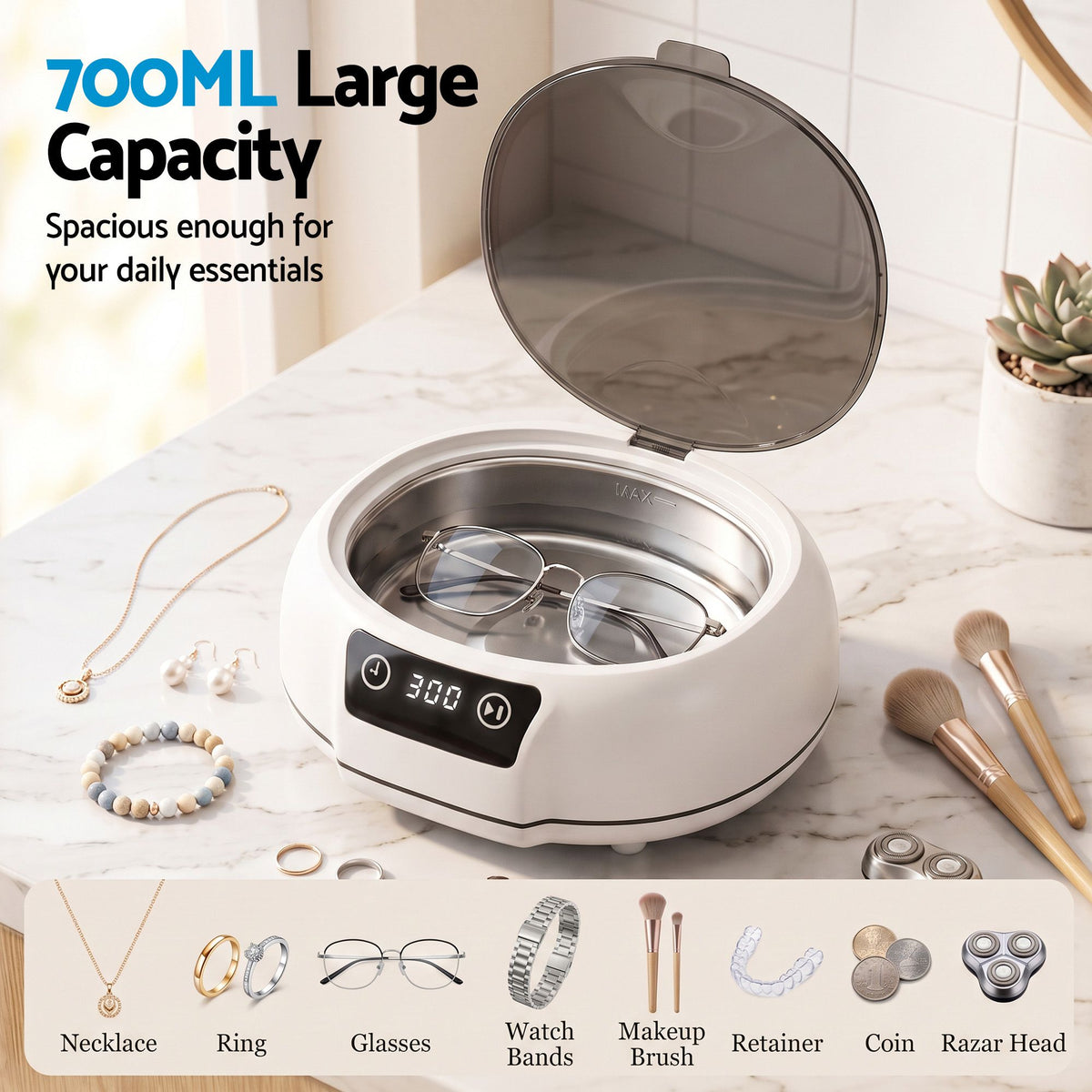 Devanti Ultrasonic Cleaner 700mL 48kHz Jewellery Cleaning Machine with Stainless Steel Tank White.