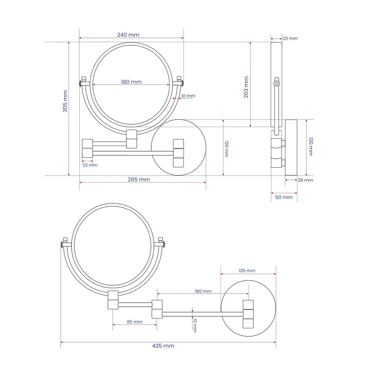 Dolphy Dual-Sided Wall Mount Makeup Mirror 8 Inch – 1X/3X Magnification, 360 Swivel, Silver Chrome, LED Vanity Mirror