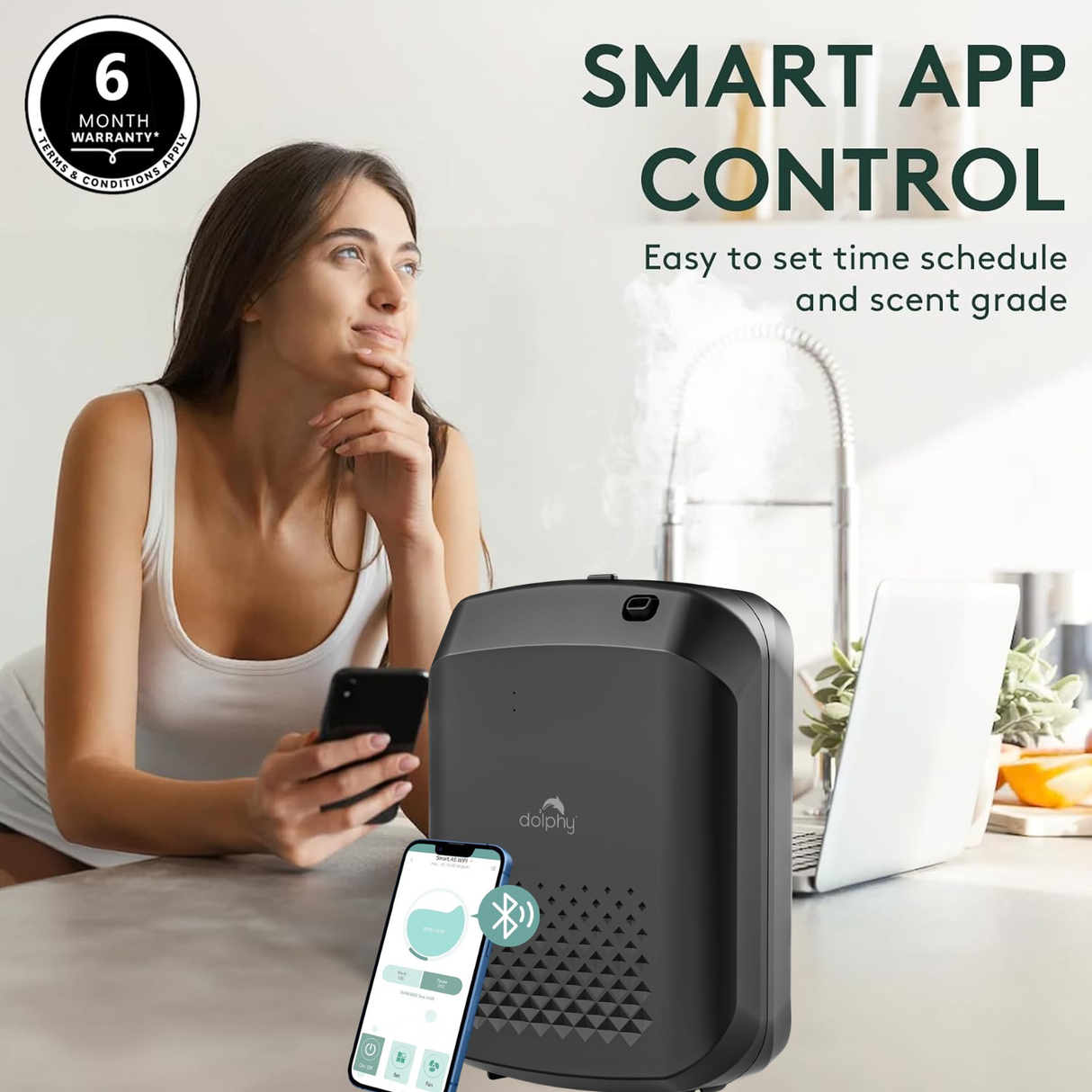 Dolphy Essential Oil Diffuser Dispenser with Bluetooth Control – 400 mL Capacity, Low-Noise Automatic Scent Machine with Light Sensor for Large Commercial Spaces – Black (DAPD0013-B)