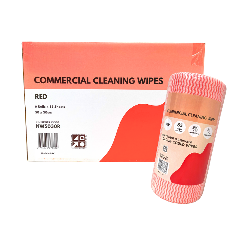 Red Cleaning Wipes Roll – Heavy Duty Food Safe Surface Wipes (50cm x 30cm, 85 Sheets, Carton of 6)