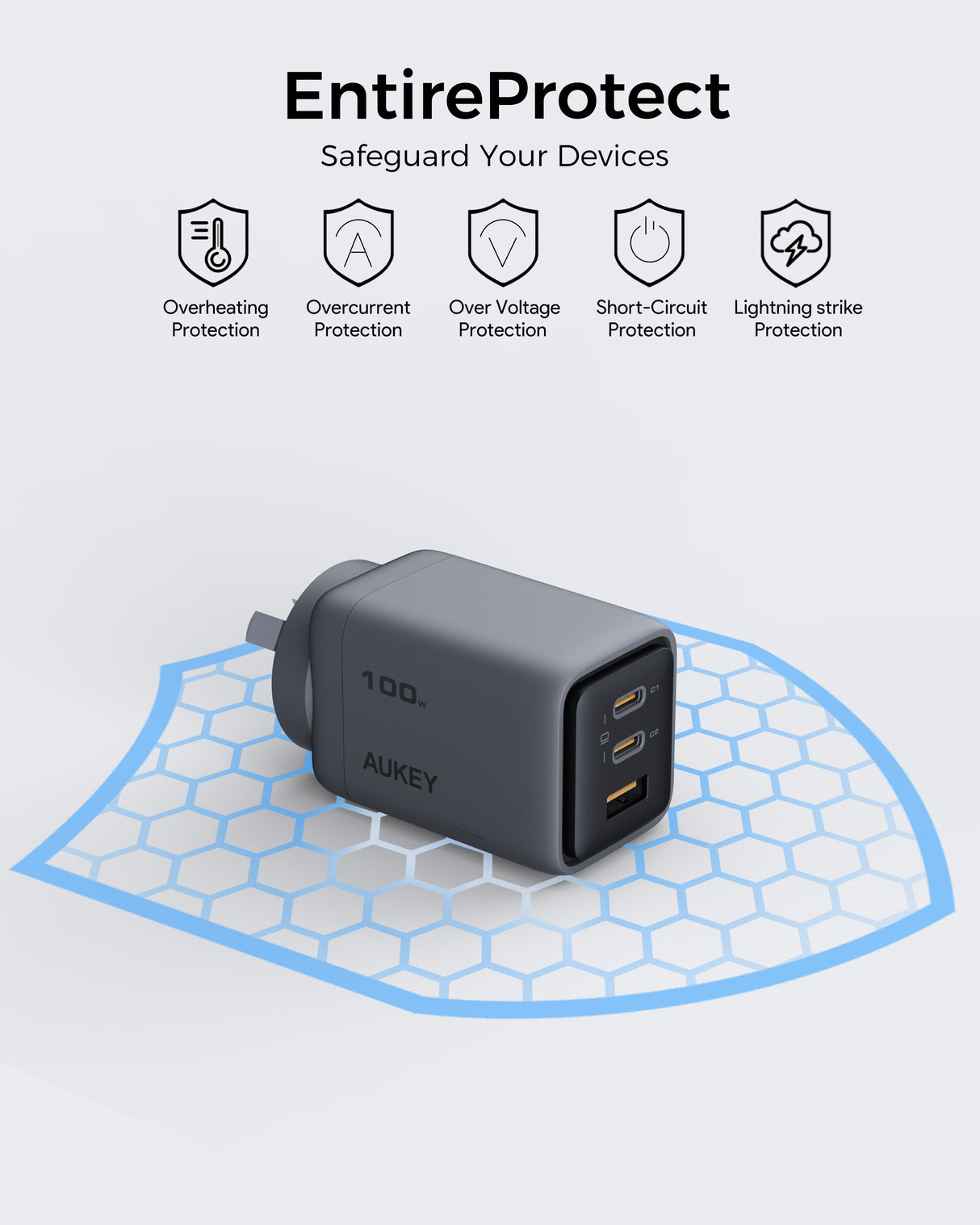 Aukey Comet 100W PD Fast Wall Charger GaN USB-C with 100W 1.8m USB-C to C Cable (PA-C5)