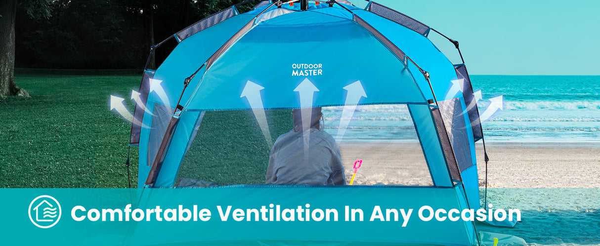 OutdoorMaster Pop Up 3-4 Person Beach Tent X-Large - Easy Setup, Portable Beach Shade Canopy Folding Sun Shelter with UPF 50+ UV Protection Removable Skylight Family Size (Blue)
