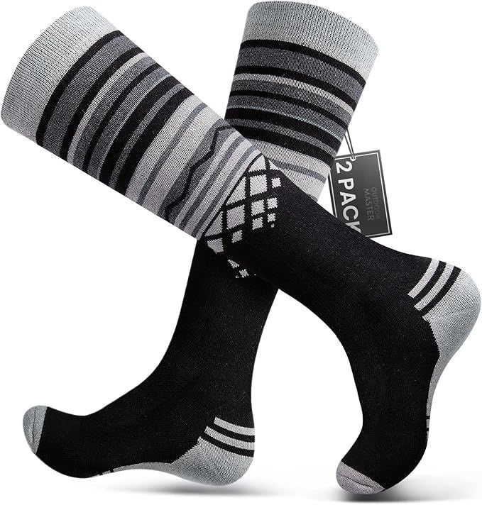 OutdoorMaster Ski Socks 2-Pack Merino Wool, Over The Calf Non-Slip Cuff for Men & Women-Black,Large