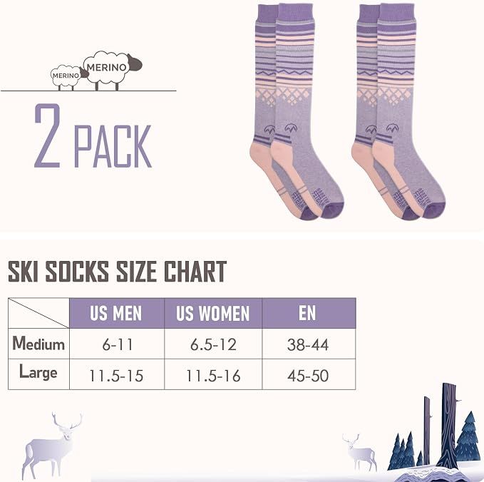 OutdoorMaster Ski Socks 2-Pack Merino Wool, Over The Calf Non-Slip Cuff for Men & Women-Purple Pink,Medium