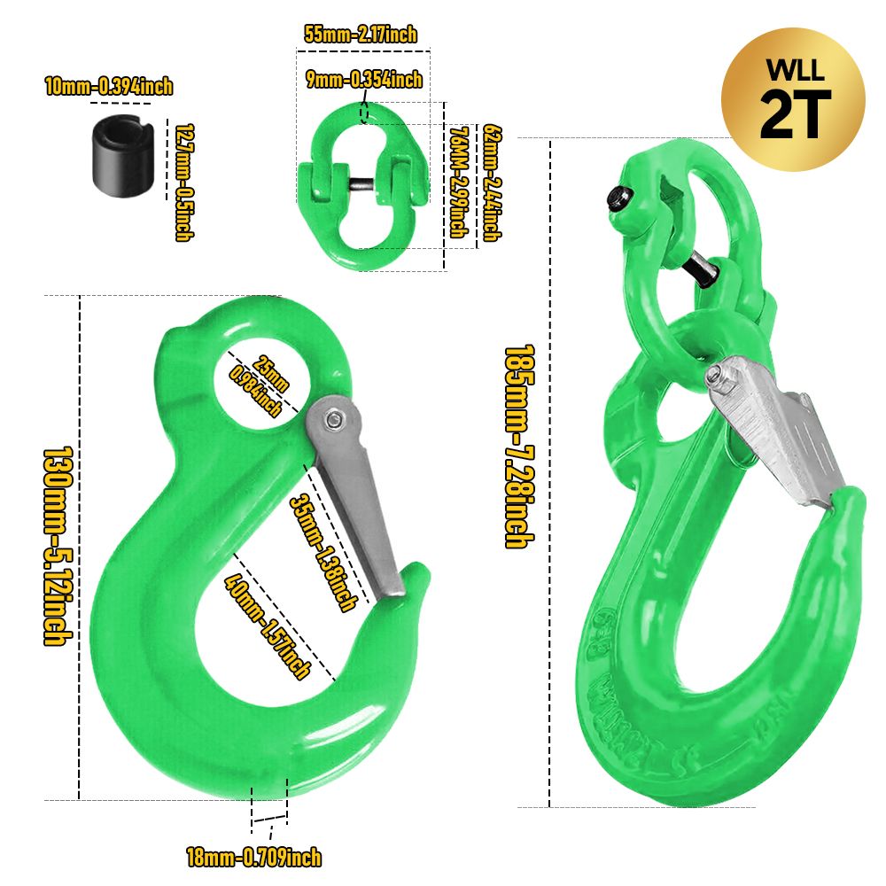 2SETS 2T Sling Hook With Hammerlock Heavy Duty Safety Latch Swivel Winch Hook For Trailer Safety Chain-Green