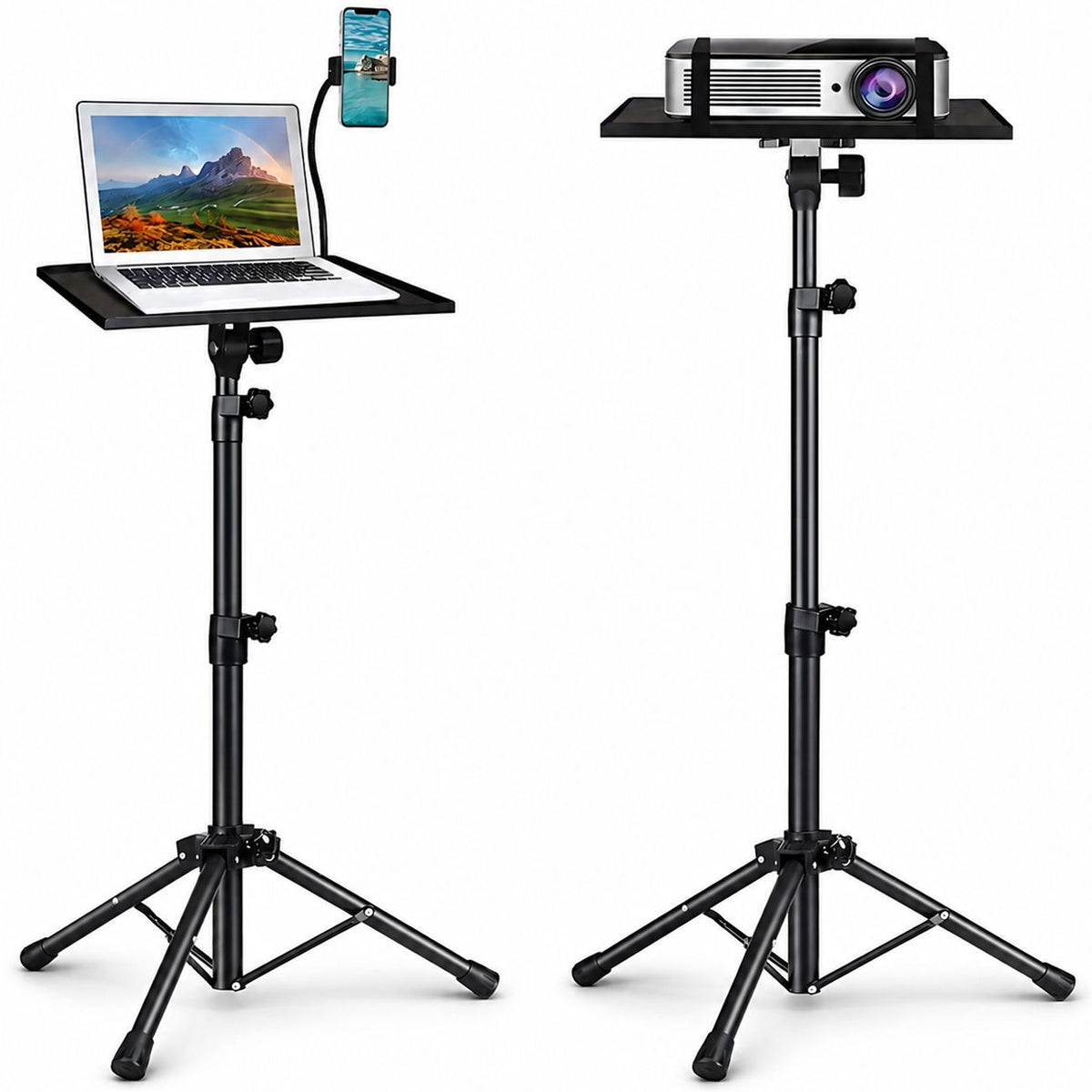Adjustable Projector Stand with 360° Phone Holder, 57–125cm Folding Tripod Floor Stand for Laptop, Tablet & Projector