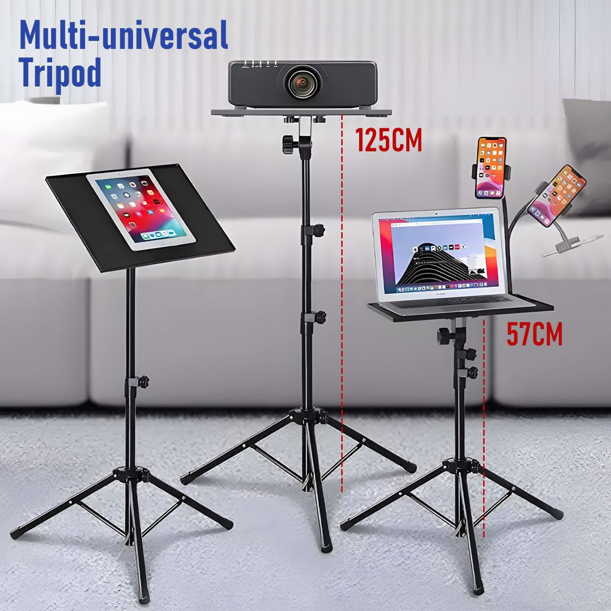 Adjustable Projector Stand with 360° Phone Holder, 57–125cm Folding Tripod Floor Stand for Laptop, Tablet & Projector