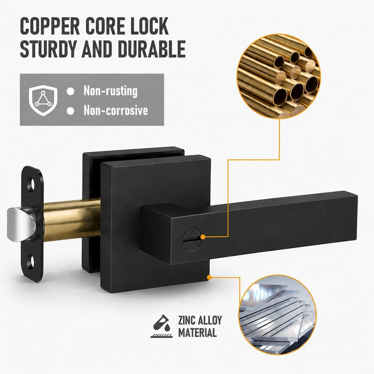 Matte Black Privacy Door Lever Handle with Keys, Heavy Duty Interior Door Lockset, Adjustable 60/70mm Backset, Reversible for Bedroom Bathroom Home Office