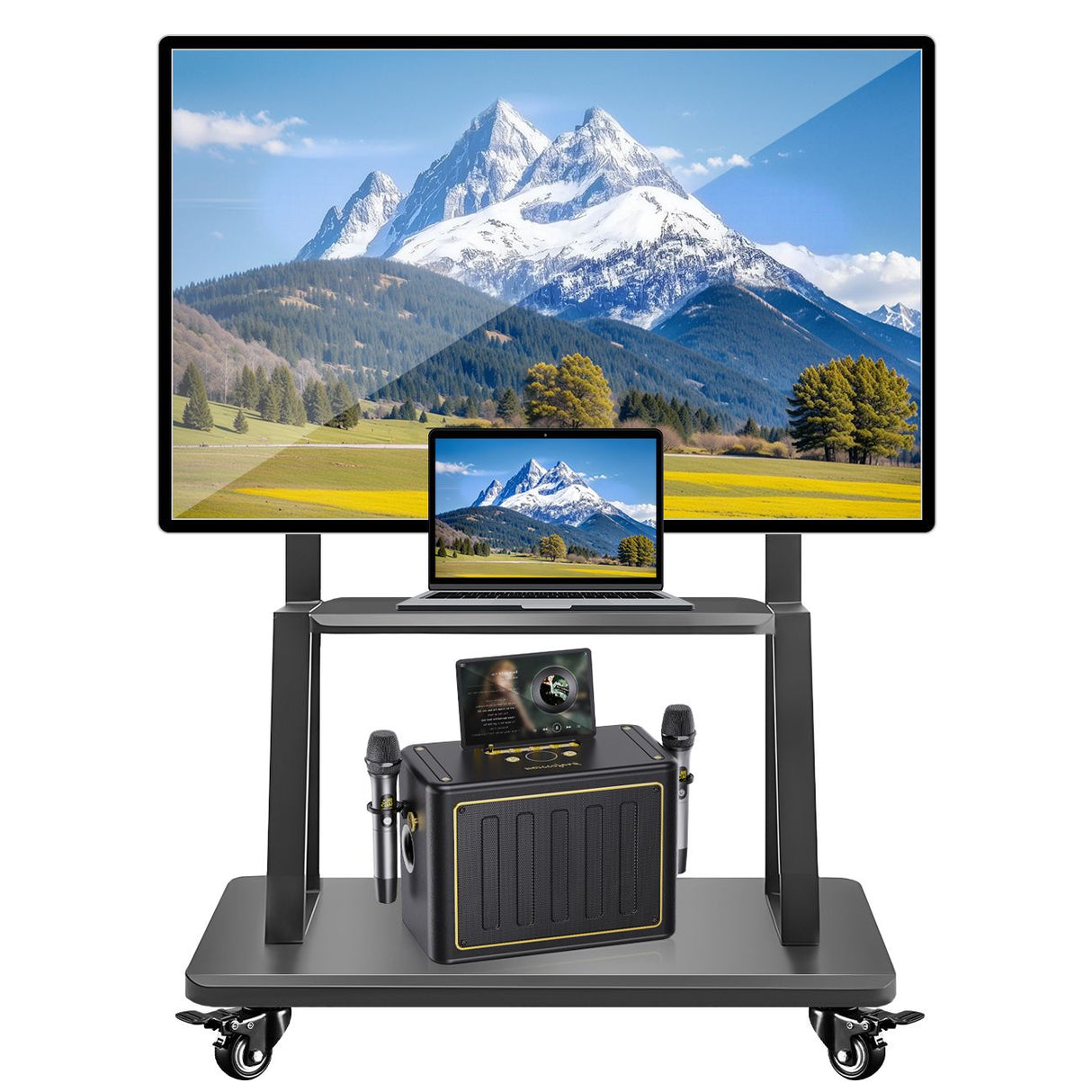 TV Stand for 32–70 Inch TVs with Projector Shelf, Lockable Wheels, Adjustable Height, Cable Management, Freestanding Steel Frame TV Cart Rolling Floor Stand For 32-70 Inch LCD LED OLED Flat Panel Screens Smartboard Movable Holds Up To 100lbs With Shelf Lo