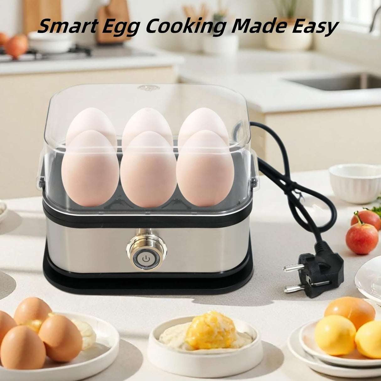 Smart Egg Cooker with Auto Shut, Multi-function Rapid Eggs Cooker Electric 6 Egg Capacity, Hard Boiled, Medium, Soft Boiled Egg Cooker with Knob Controled Auto Shut-Off Function