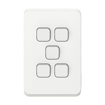 Clipsal Iconic Flush Switch Vertical Mount, 5 Gang, 230/240V, 10Ax1-Way/2-Way | Vivid White | 3045VA-VW