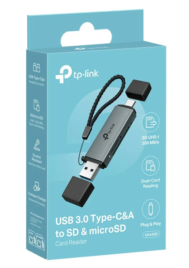 TP-Link UA430D USB 3.0 Type-C&A to SD & microSD 3.0 Card Reader, support SD,SDHC、SDXC,microSD、microSDHC、microSDXC cards up to 2TB.