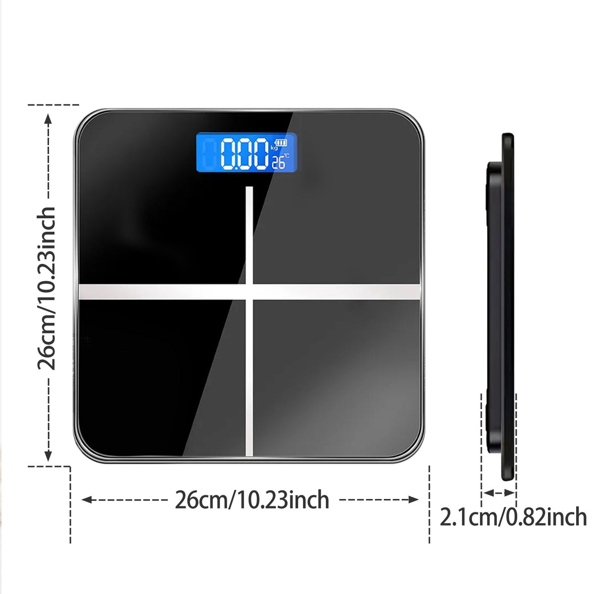 Digital bathroom scale with temperature display, black and white