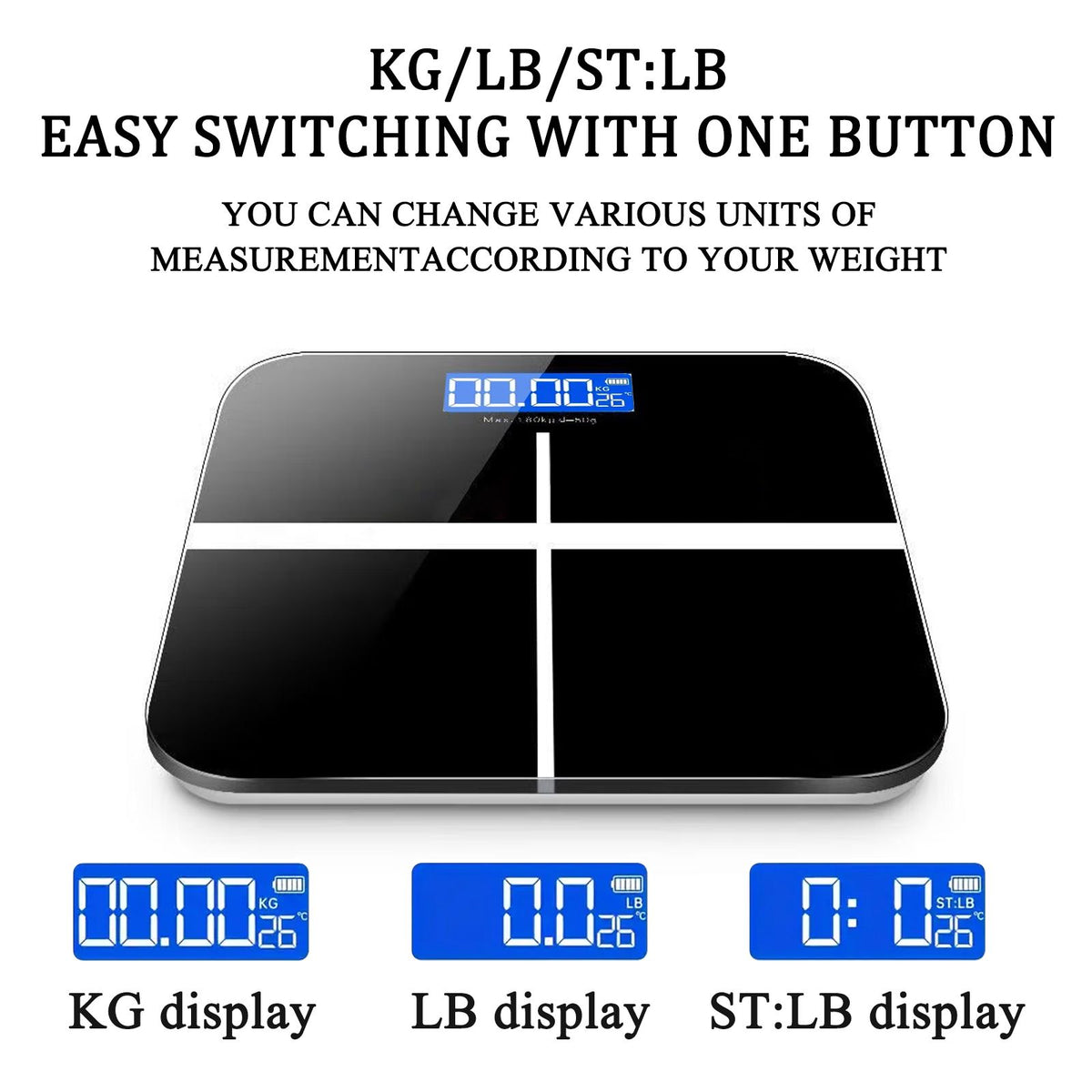 Digital bathroom scale with temperature display, black and white