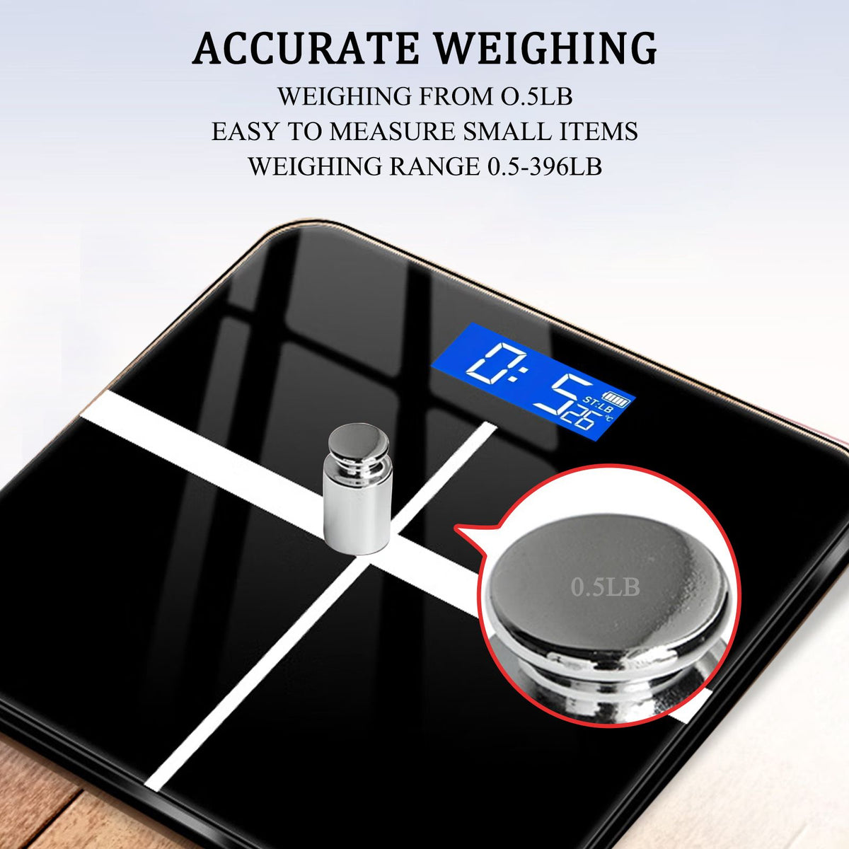 Digital bathroom scale with temperature display, black and white