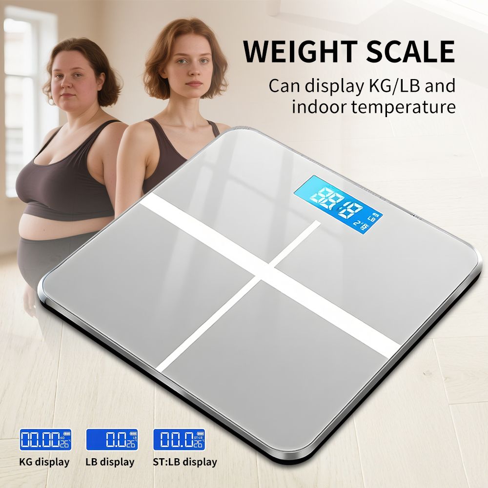 Digital bathroom scale with temperature display, white