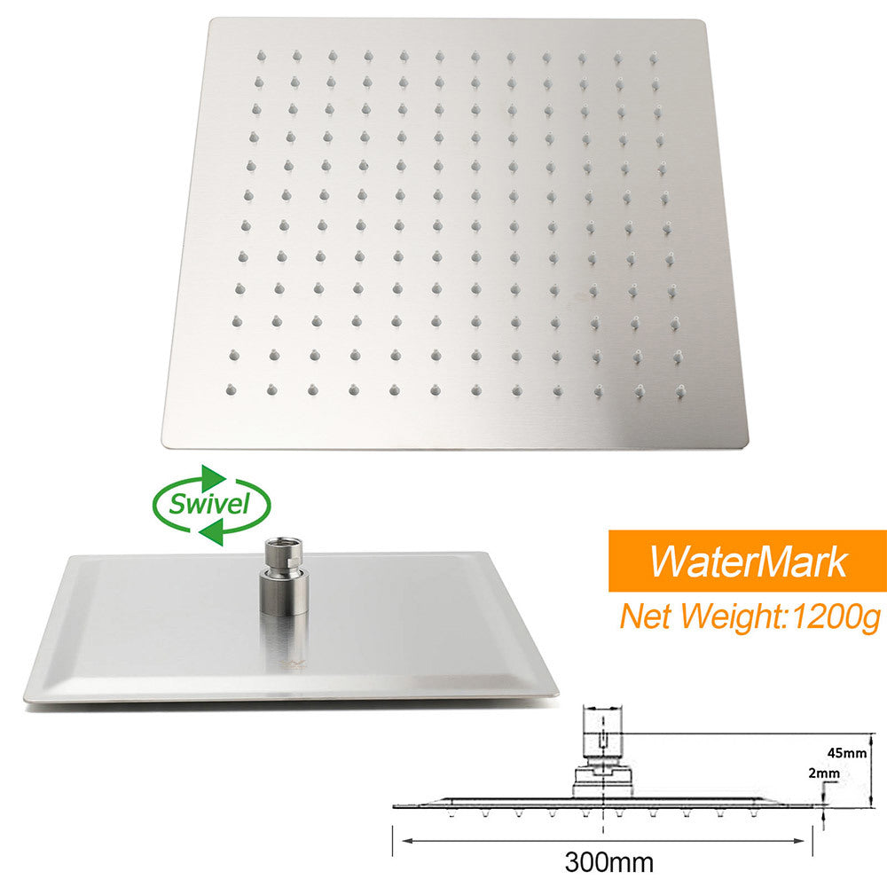 Brushed Nickel Square 12" Rain Shower Head 300mm Brass Ceiling Dropper Arm Set