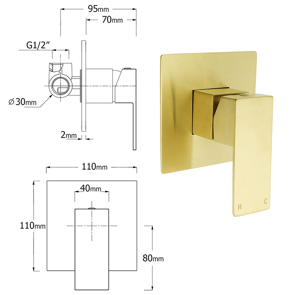 WELS Brushed Gold Twin Shower 8" Rain Head Handheld Diverter Wall Arm Square Mixer