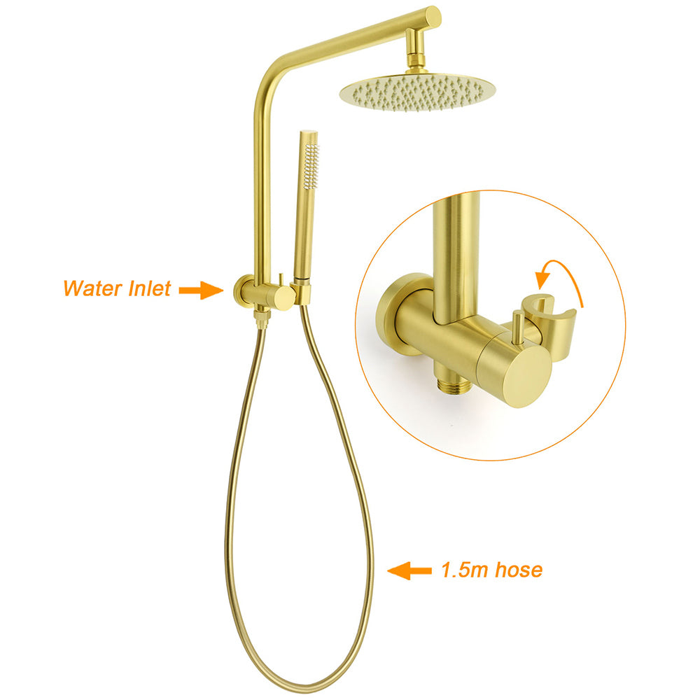 WELS Brushed Gold Round Twin Shower Head Set Diverter Wall Arm Stainless Steel Handheld Rose