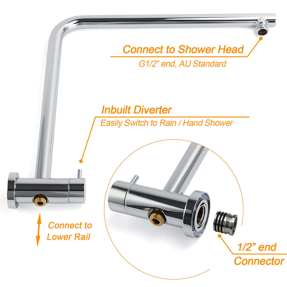 WELS Bathroom Round 8" Rain Shower Head Single Mode Brass Handheld Spray Rail Arm Set Twin Taps