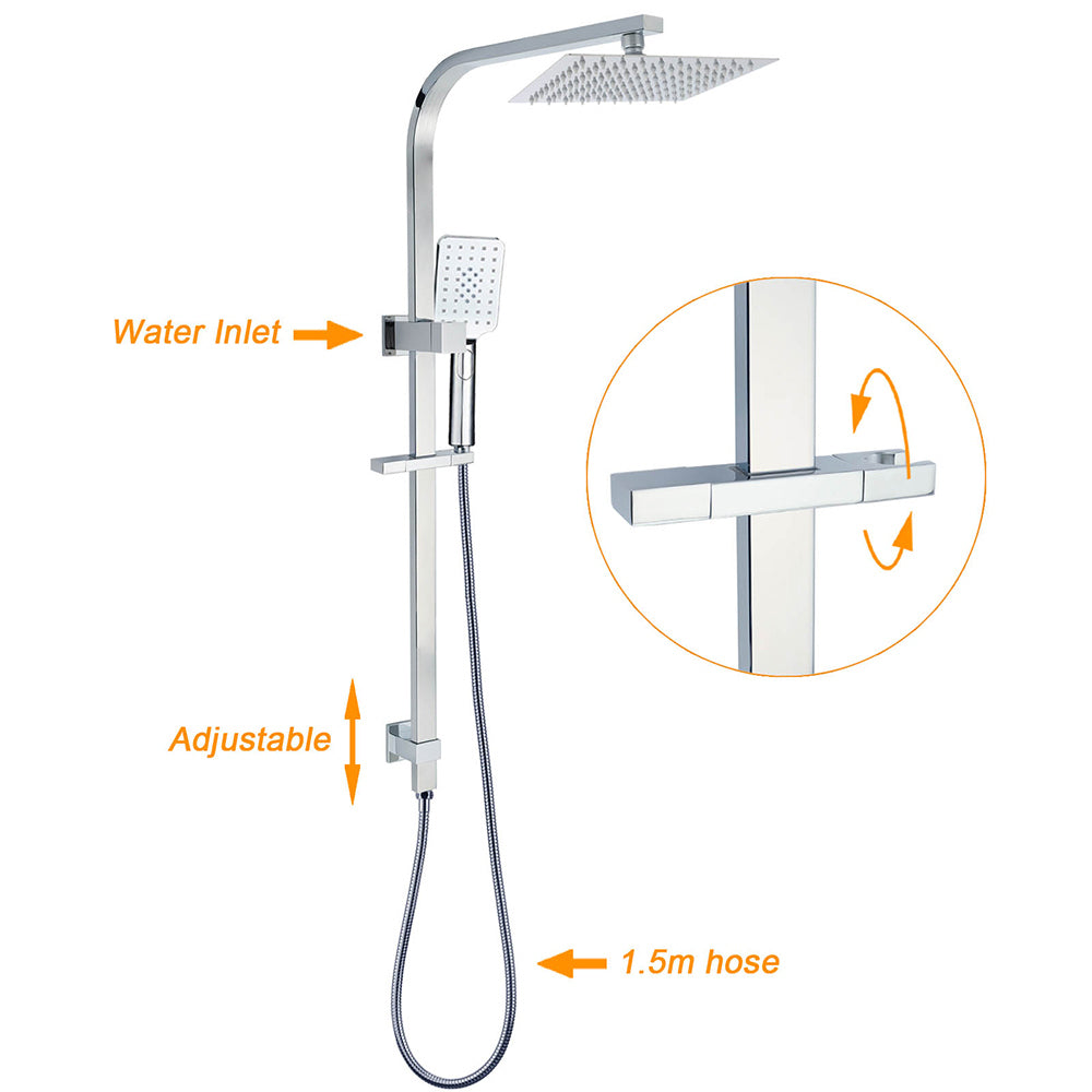 Chrome Twin Square Shower Set 8" Rain Shower Head 3 Function Handheld Rail Arm Mixer