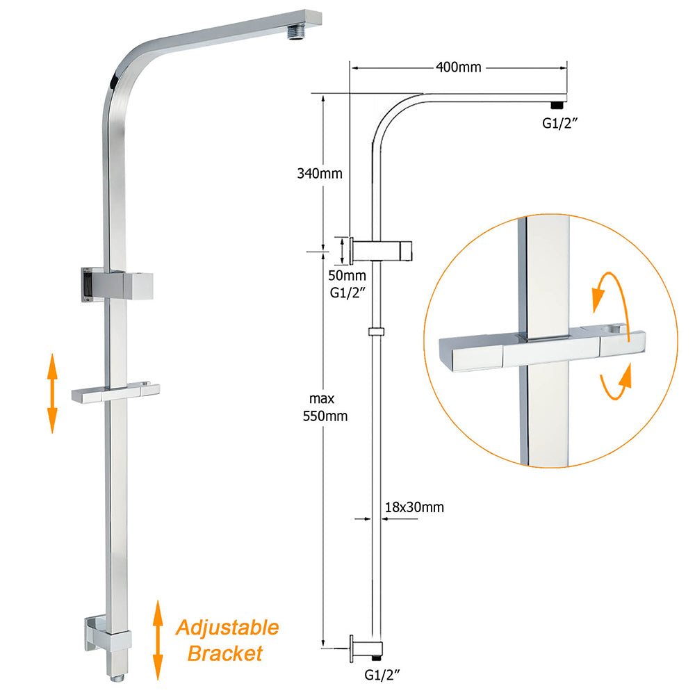 Chrome Dual Square Shower Set 16" Rain Shower Head 3 Function Handheld Rail Arm Mixer