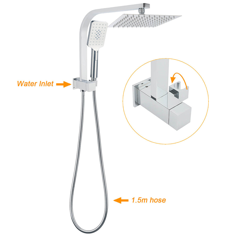 WELS Chrome Square Dual Rain Shower 8" Head 3 Mode Handheld Diverter Wall Arm Mixer Set