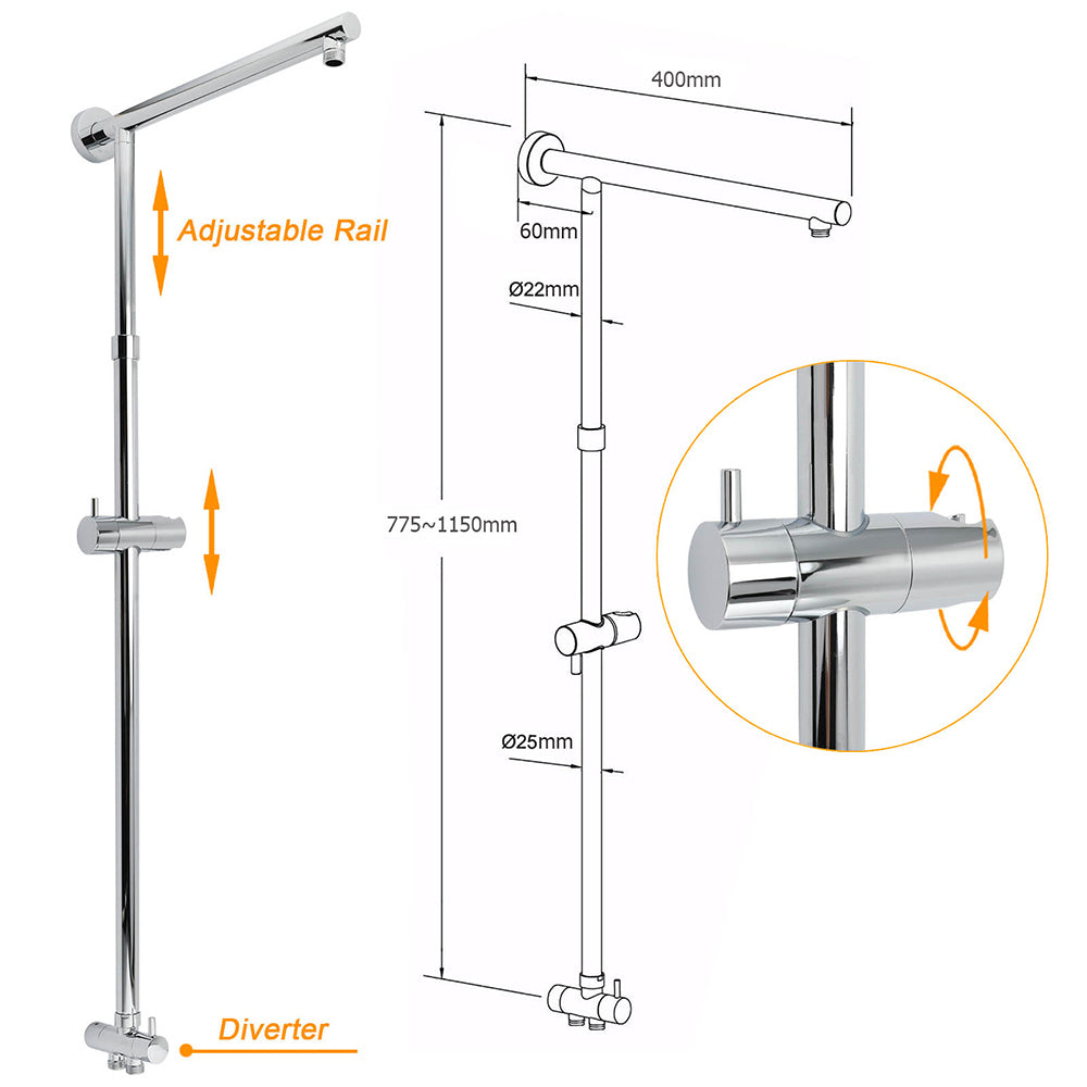 Double Square Shower Head 12" Rain Rose + 3 Modes Handheld Diverter Rail Arm Taps Set