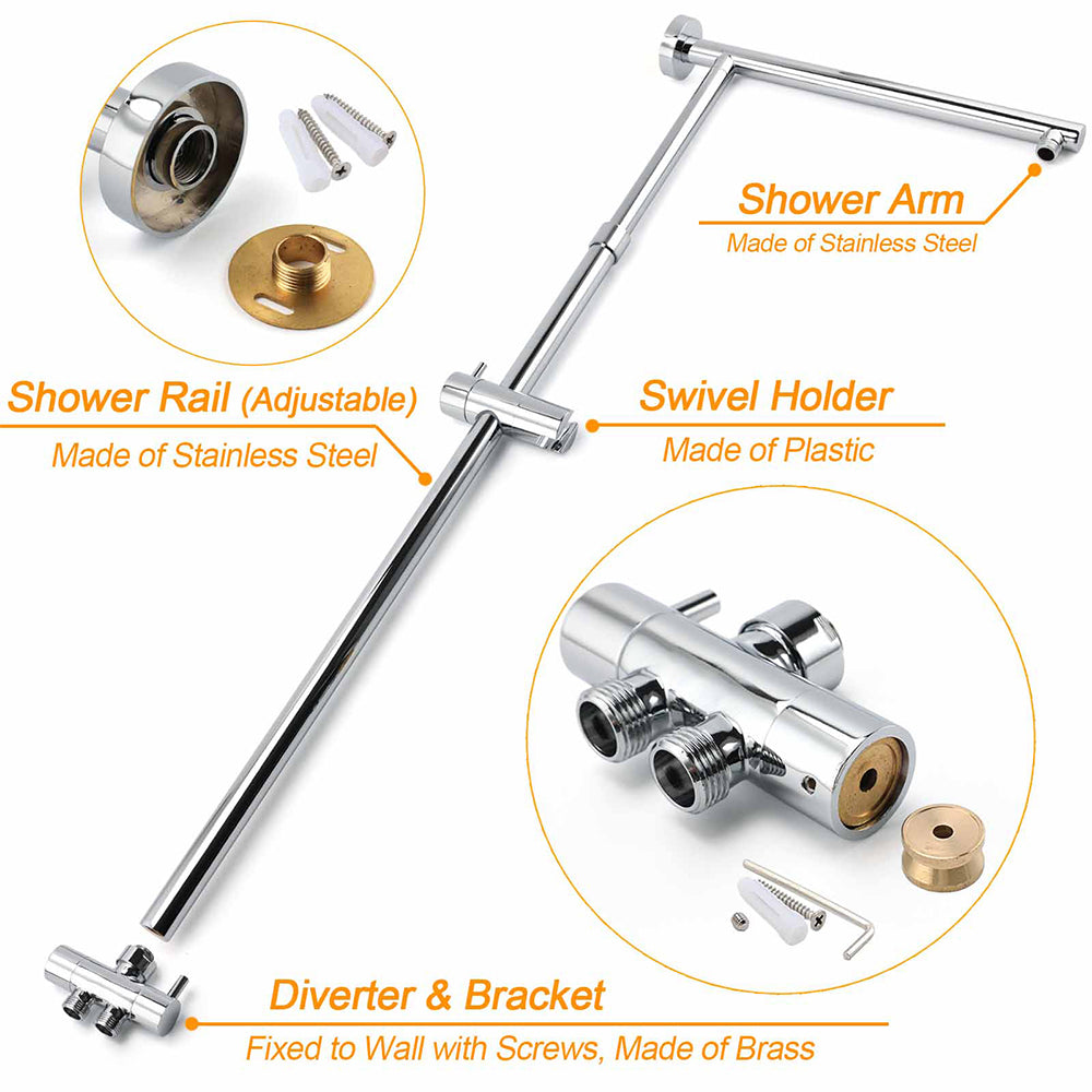 Double Square Shower Head 12" Rain Rose + 3 Modes Handheld Diverter Rail Arm Taps Set