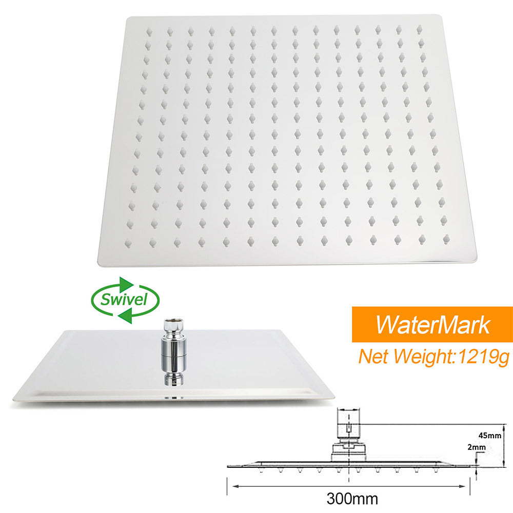 Double Square Shower Head 12" Rain Rose + 3 Modes Handheld Diverter Rail Arm Taps Set