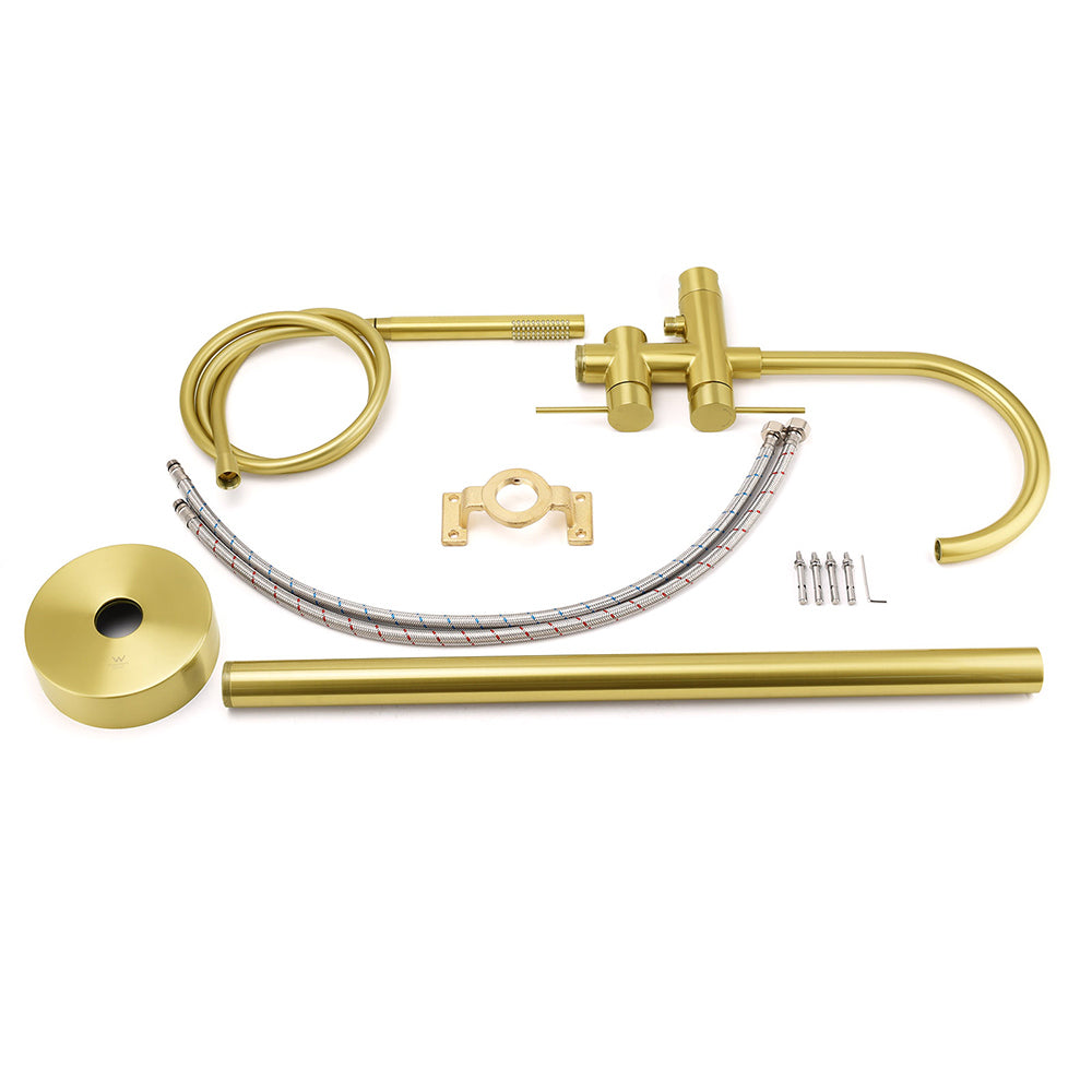 WELS Brushed Gold Bath Tub Mixer Tap Free Standing Faucet Spout Handheld Shower