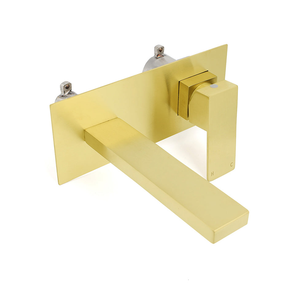 Brushed Gold Square Wall Mount Basin Mixer Laundry Vanity Tap Spout Faucet Set