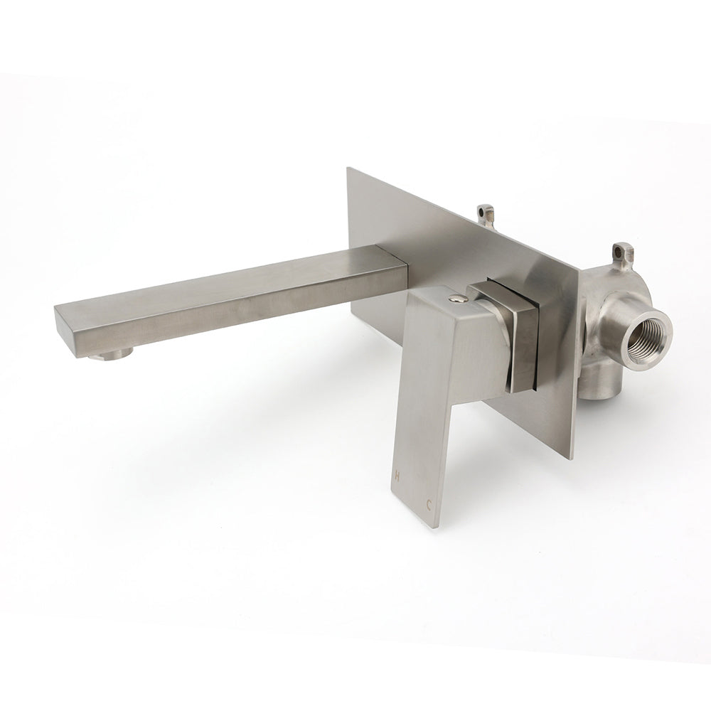 Brushed Nickel Square Wall Mount Basin Mixer Laundry Vanity Tap Spout Faucet Set