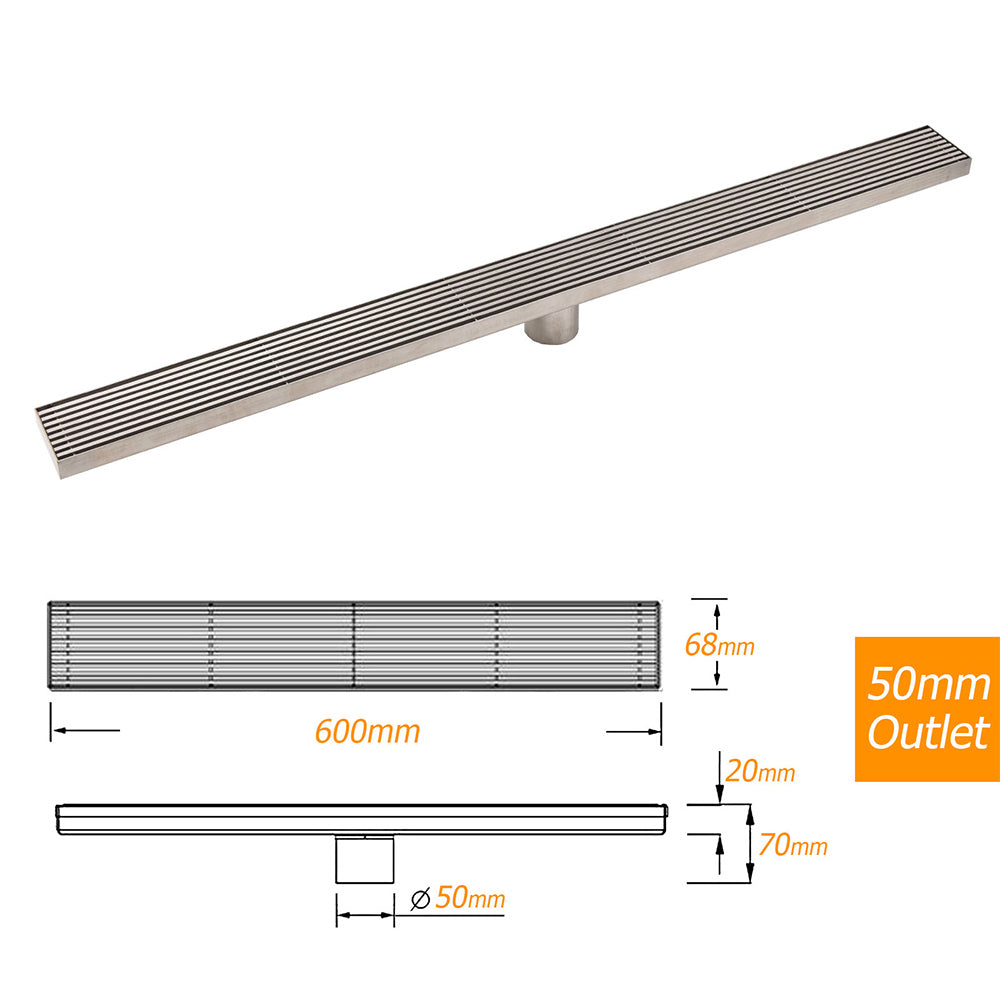 Chrome Stainless Steel Shower Grate 600mm Sword Fence Floor Drain 50mm Outlet