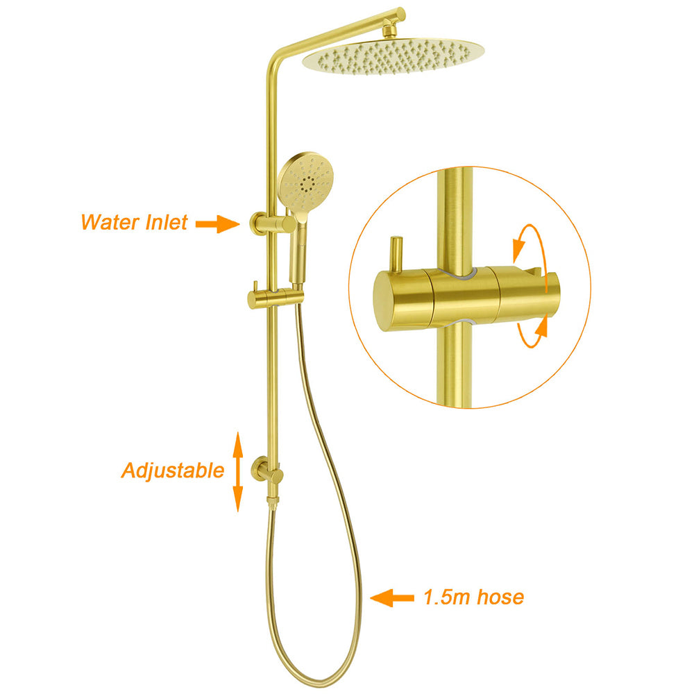 WELS Brushed Gold Twin Shower Large Round 12" Rain Head Handheld Silde Wall Rail Arm Stylish Mixer