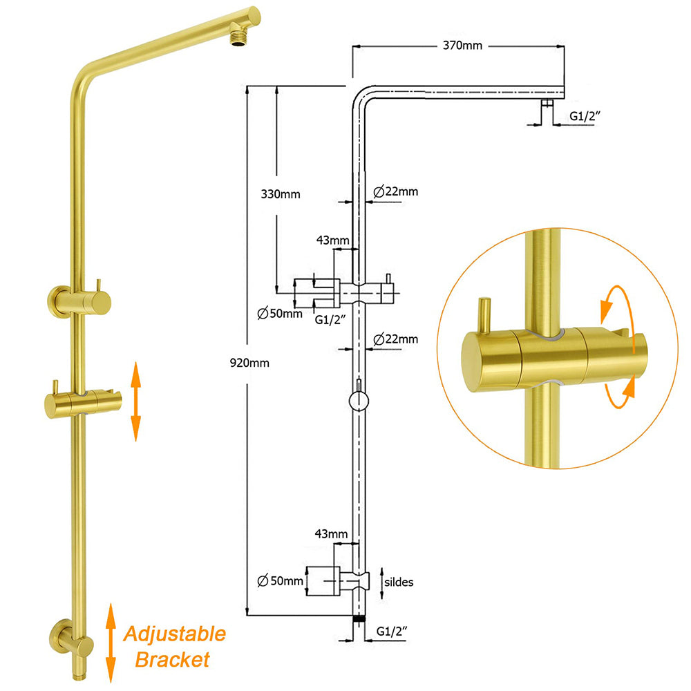 WELS Brushed Gold Twin Shower Large Round 12" Rain Head Metal Handheld Silde Wall Rail New Luxury Mixer