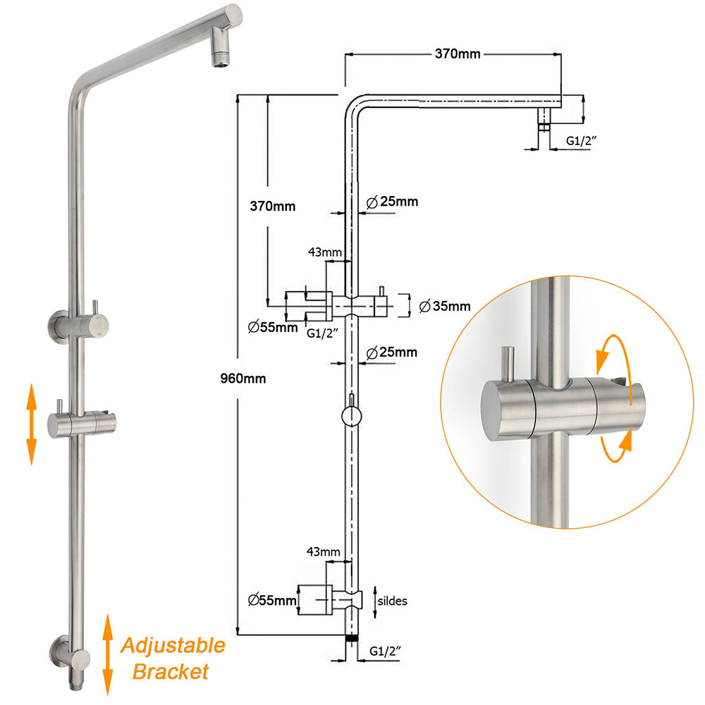 Brushed Nickel Dual Shower Set Sliding Rail Arm 12" Round Head Handheld Wall Mixer Valve