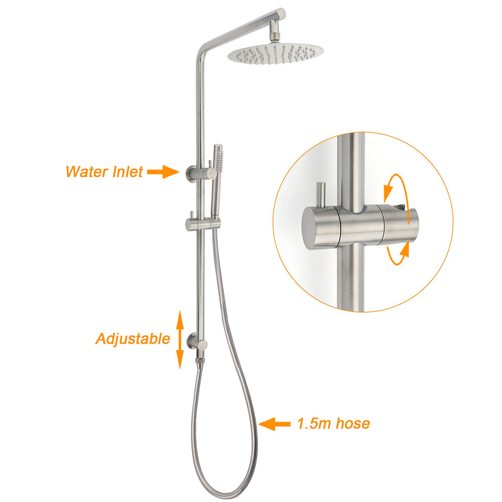 Brushed Nickel 2in1 Shower Set Sliding Rail Arm 8" Round Head Metal Handheld Hot Cold Mixer Valve