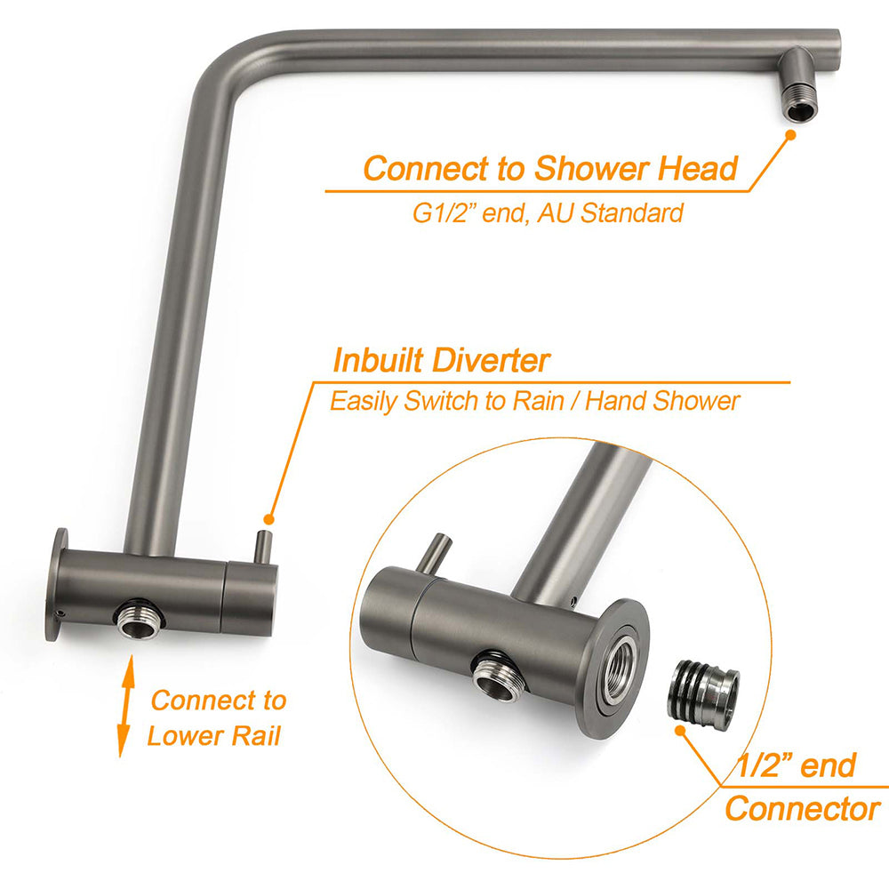 WELS Gun Metal Round 10" Twin Shower Head 3 Modes Handheld Slide Rail Arm Diverter Mixer Set